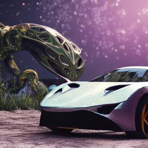 Prompt: a fancy alien sports car abandoned on magical biome, unreal render, unreal engine 5, octane render, enchanted plants, cinematic, intricate, ornate, photorealistic, ultra detailed, realistic, 1 0 0 mm, photography, octane, high definition, depth of field, bokeh, 8 k, behance, trending on artstation