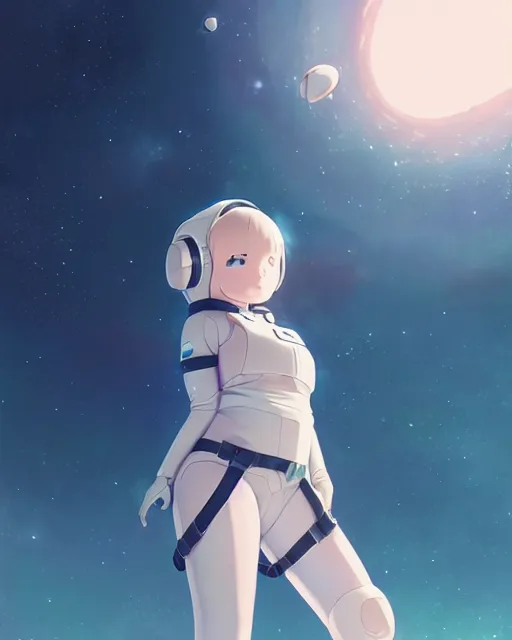 Prompt: a cute thicc astronaut alien girl, floating through empty space, backlit, epic photo ， by makoto shinkai an krenz cushart