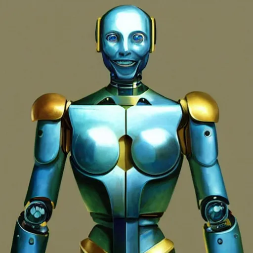 Image similar to a humanoid robot, with blue skin, green metallic joints exposed, golden armour moulded onto its torso. it's head is smooth, with circular eyes that glow. fantasy painting by greg rutkowski