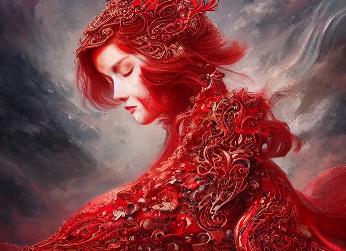 Image similar to woman in love sit upon a scarlet coloured beast, pain, royal dress, light effect, hyper detailed, intricate, atmospheric, elegant, highly detailed, digital painting, artstation, concept art, matte, sharp focus, illustration, by james jean, andrei riabovitchev, marc simonetti, yoshitaka amano