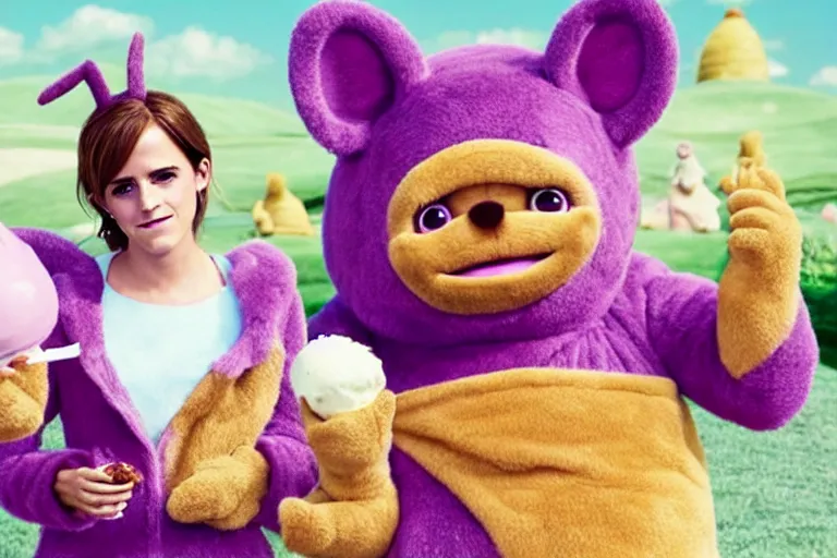 Prompt: photo, emma watson as antropomorphic furry - rat, teletubbies tinky winky, eats icecream, highly detailed, intricate details