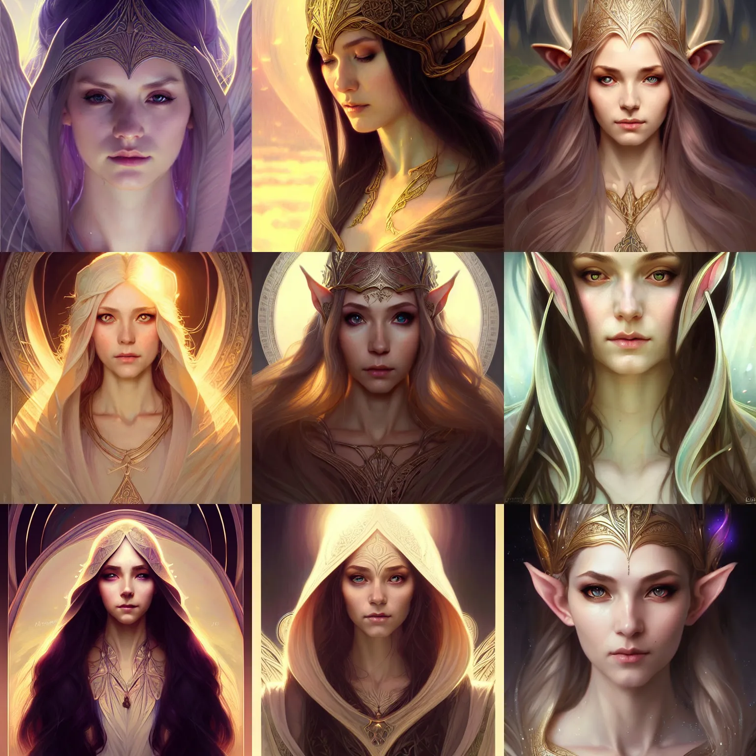 Prompt: beautiful female elven oracle, soft light, close portrait, anime!!, fantasy, ultra detailed, symmetry, intricate, dynamic lighting, hyperrealism, digital art, digital painting, artstation, wlop, sharp focus, illustration, art by artgerm and greg rutkowski and alphonse mucha, 8 k