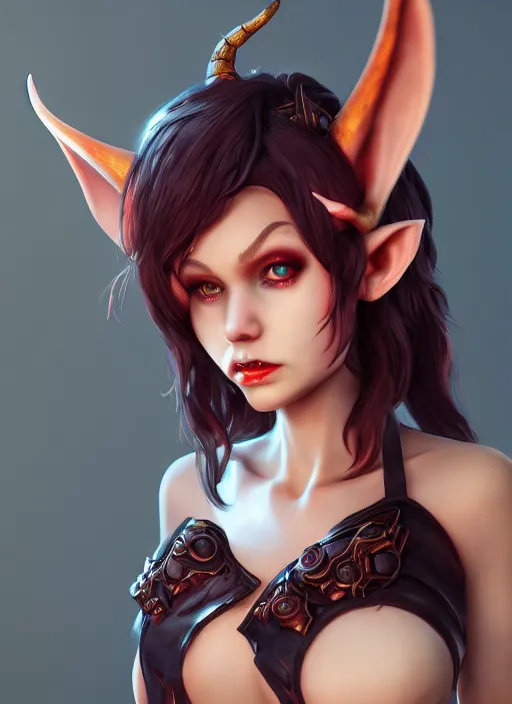 Image similar to imp demon goddess, cute elf ears, strapless dress, character portrait in the style of thomas river and artgerm, cinematic lighting, hyperdetailed, 8 k realistic, symmetrical, global illumination, radiant light,, frostbite 3 engine, cryengine, dof, trending on artstation, digital art, chanel