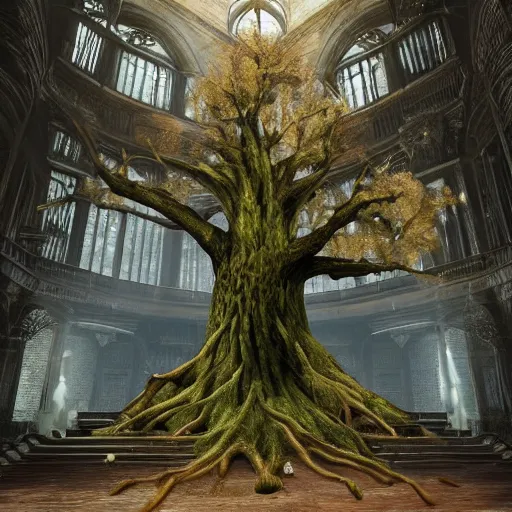 Prompt: a beautiful giant tree growing in the middle of an ancient Victorian library indoors. a magic portal is embedded in the tree. darksouls concept art. photo-realistic