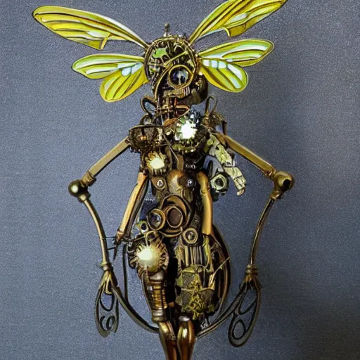 Prompt: clockwork steampunk sculpture of an angel fairy with dragonfly wings brass chrome peridot diamonds hyper realistic magical lighting