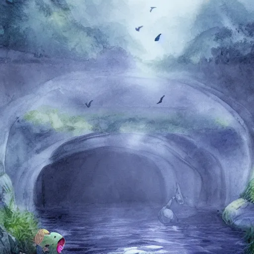 Image similar to magical tunnel inside the river and animals use it for crossing the river ,foggy ,dreamy , concept art trending on artstation, water color,