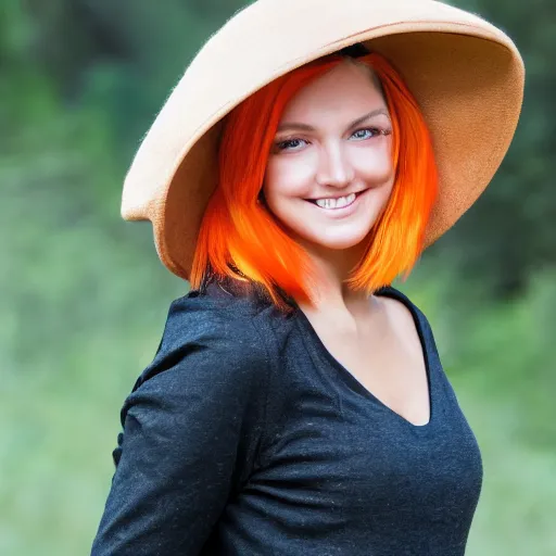 Prompt: portrait tres jolie d'une souriante femme 2 5 ans, cheveux moyen jaune blonde caractere avec un chapeau orange, cheveaux sorte un peu du chapeau, la femme mets sa main sur le chapeau pour essayer de le retenir.