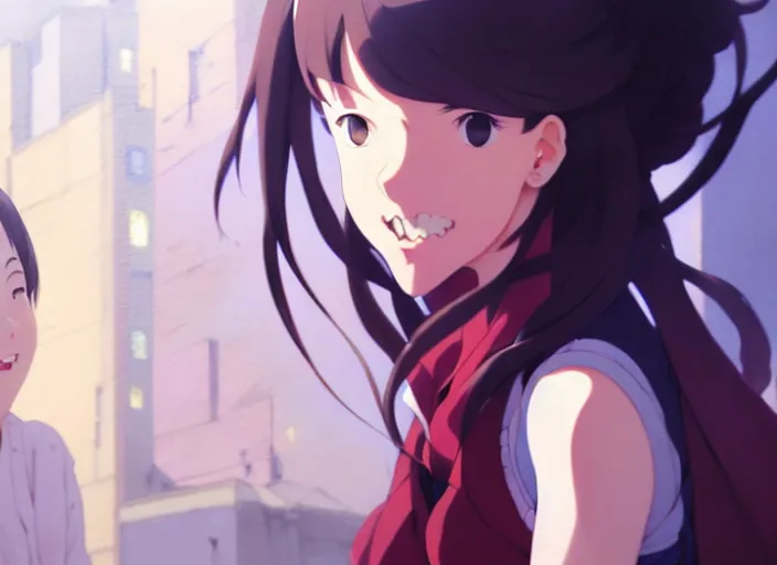 Image similar to a film still portrait of a young woman smiling, finely detailed features, closeup at the faces, perfect art, at a city street, gapmoe yandere grimdark, trending on pixiv fanbox, painted by greg rutkowski makoto shinkai takashi takeuchi studio ghibli, akihiko yoshida