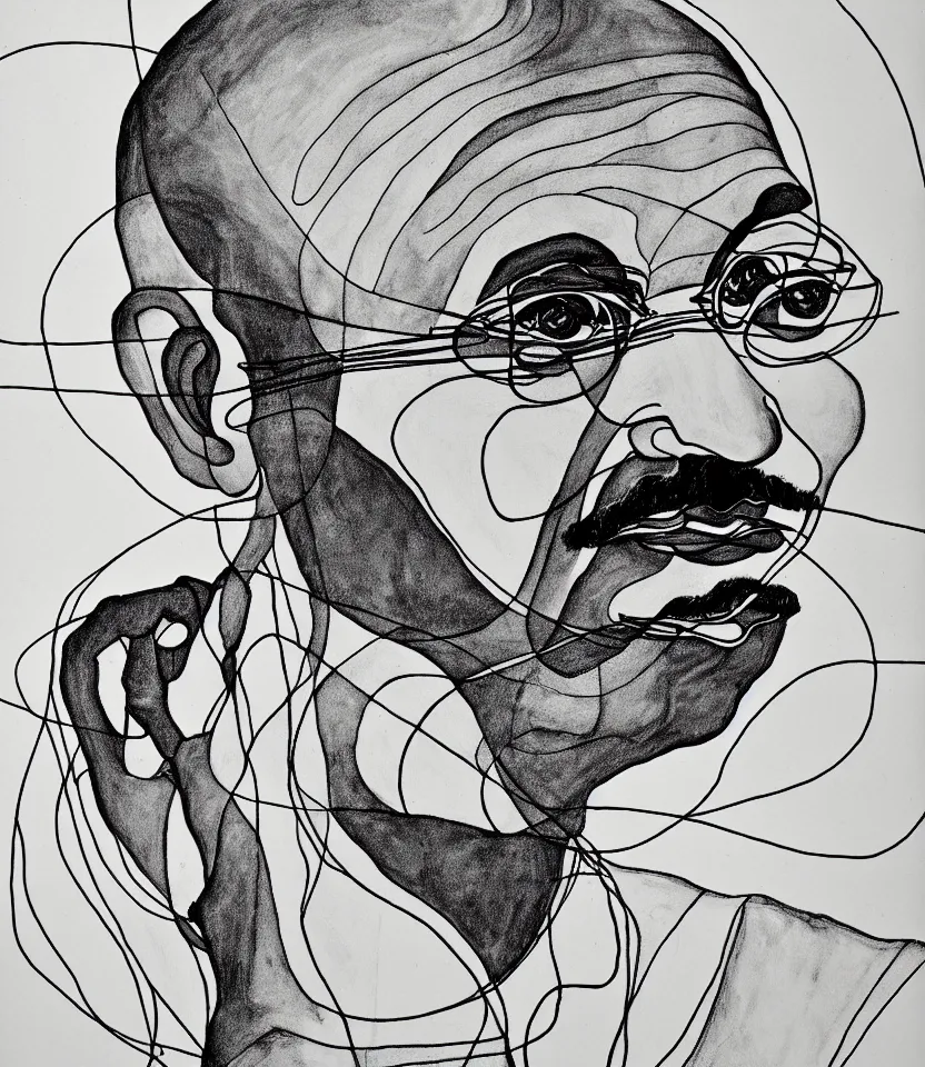 Image similar to elegant line art portrait of mahatma gandhi. inspired by egon schiele. contour lines, graphic musicality, twirls, curls and curves, strong personality, staring at the viewer