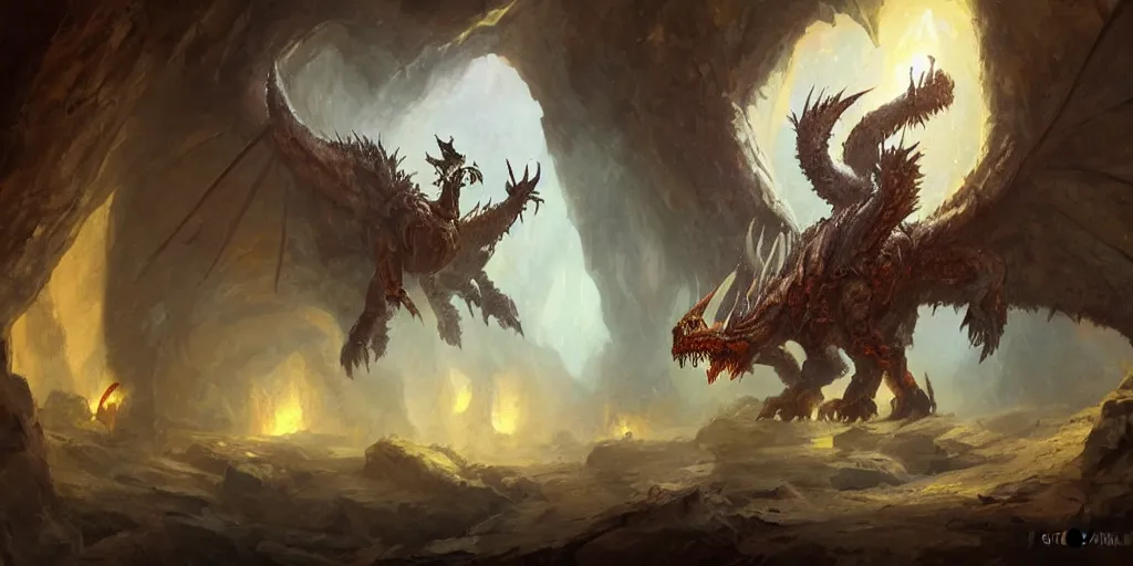 Image similar to closed up oil painting of one deathwing dragon from world of warcraft in a cave by greg rutkowski