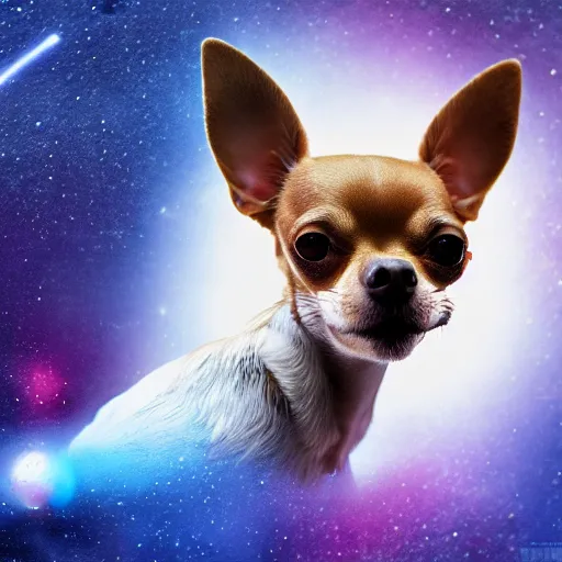 Image similar to Chihuahua cyborg, mechanical, celestial background, octane, 4k, hyper realism, sharp focus