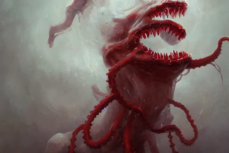 Prompt: painting by greg rutkowski of a flying crying human head and face that is chalk white in color, with tentacles coming of the neck, fiery red eyes, flying in a terrying hell like cavernous place