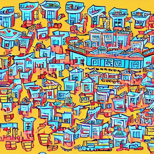 Image similar to a chinese prison, in the style of daniel johnston, 8 k, line brush, minimal, brightly coloured, flat blocks of color, overlaid with chinese adverts