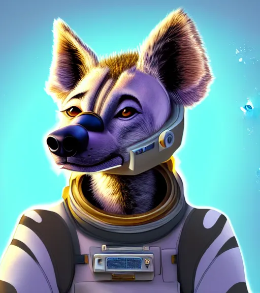 Image similar to digital detailed portrait of anthromorphic female hyena, in style of zootopia, fursona, furry, furaffinity, 4 k, deviantart, wearing astronaut outfit, in style of disney zootopia, floating in space, space background, hyena fursona, cyberpunk, female, detailed face, style of artgerm,