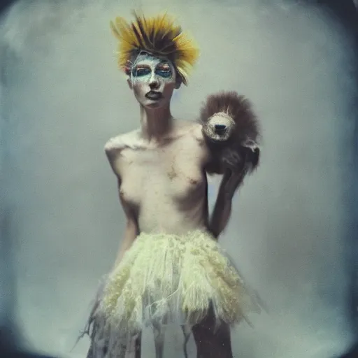 Image similar to damaged kodak portra 4 0 0, wetplate, photo of a surreal artsy dream scene,, very beautiful model, weird fashion, grotesque, extravagant dress, strange pose, carneval, with an animal, wtf, photographed by paolo roversi style