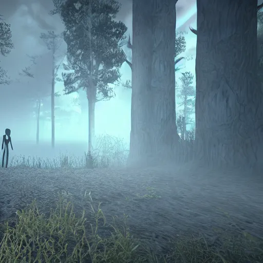 Prompt: in - game screenshot, slenderman, liminal space