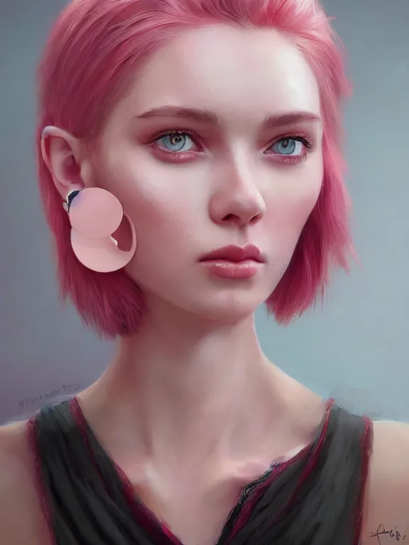 Image similar to beautiful russian girl with short pink hair and nose piercing, pink eye liner, thin round earrings, winds of winter, au naturel, hyper detailed, digital art, trending in artstation, cinematic lighting, studio quality, smooth render, octane rendered, concept art, sharp focus, illustration, art by artgerm and greg rutkowski and wlop