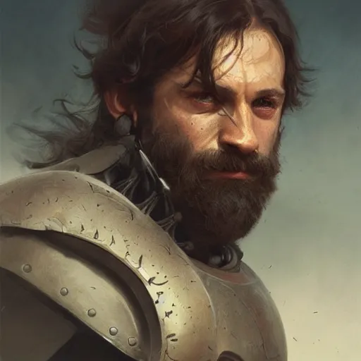 Image similar to Portrait of a muscular middle aged Knight with big sideburns, muttonchops, detailed face, fantasy, highly detailed, cinematic lighting, digital art painting by greg rutkowski