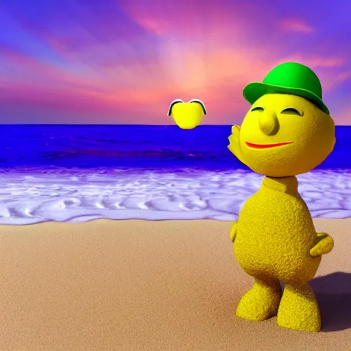 Prompt: 3 d render, of anthropomorphic lemon character, he is wearing a hat, building a sandcastle on the beach at sunset, beach, huge waves, sun, clouds, long violet and green trees, rim light, cinematic photography, professional, sand, sandcastle, volumetric lightening