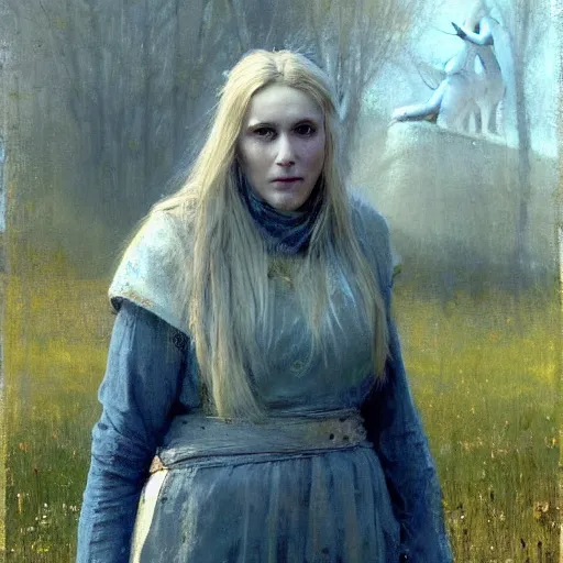 Image similar to Richard Schmid and Jeremy Lipking portrait painting of A shield-maiden (Old Norse: skjoldmø [ˈskjɑldˌmɛːz̠]) was a female warrior from Scandinavian folklore and mythology. Shield-maidens are often mentioned in sagas such as Hervarar saga ok Heiðreks and in Gesta Danorum. They also appear in stories of other Germanic peoples: Goths, Cimbri, and Marcomanni.[1] The mythical Valkyries may have been based on such shield-maidens.[ full-figure