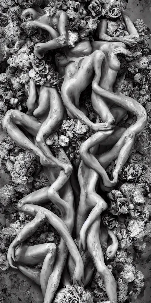 Prompt: a surrealist sculpture human bodies intertwined, a lovely cornucopia of flowers and human body parts, body parts, paint pour, swirling paint colors, black and white photography, desaturated, highly detailed, octane render, cinematic