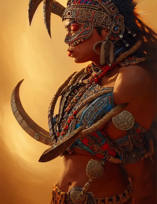 Image similar to ultra realistic illustration, aztec warrior, intricate, highly detailed, digital painting, artstation, cgnode, concept art, smooth, sharp focus, cinematic lighting, colorful, art by artgerm and peter mohrbacher and fenghua zhong