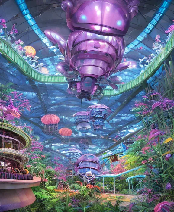 Prompt: a amusement park made out of seamless alien isopods, in the style of an aerodynamic robot, overgrown with puffy orchids, partly cloudy, somber, dramatic lighting, by dan mumford, yusuke murata, makoto shinkai, ross tran, cinematic, unreal engine, cel shaded, featured on artstation, pixiv