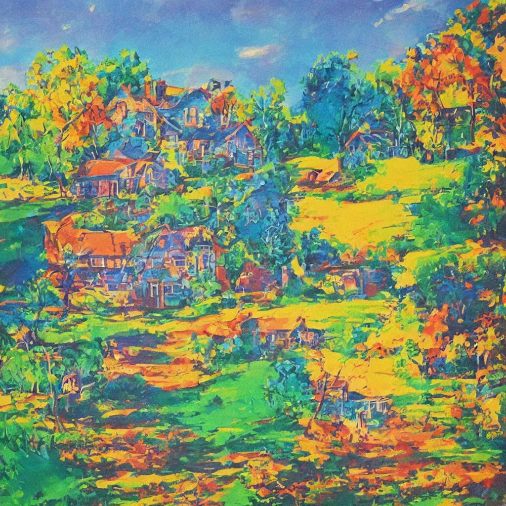 Image similar to beautiful painting of a house in a serene landscape, 60s kitsch and psychedelia