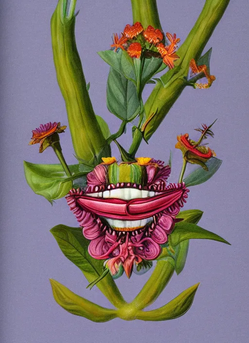 Prompt: fantasy scientific botanical illustration of colorful flower with a mouth and teeth on its base