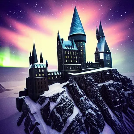 Image similar to “Hogwarts School of Witchcraft and Wizardry with the norther lights in the background. 4k, 8k, unreal 5, very detailed, hyper control-realism,.”