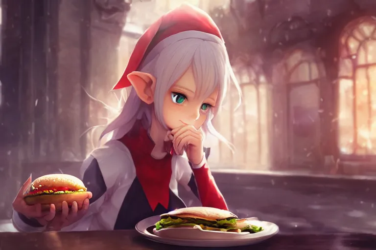 Prompt: adorable elf girl eating a burger, single subject, scenic full shot, ambient lighting, white hair, detailed face, by makoto shinkai, stanley artgerm lau, wlop, rossdraws