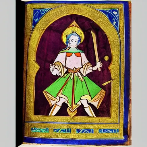 Image similar to medieval illuminated manuscript bible page depicting a magical girl madoka magika