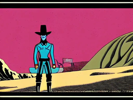 Prompt: an illustration of the Lone Ranger in the wild west town. flat colors, limited palette in FANTASTIC PLANET La planète sauvage animation by René Laloux