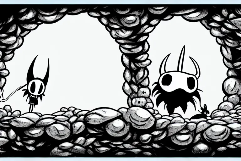 Prompt: hollow knight in a cave, game, intricated, ink line, art direction.