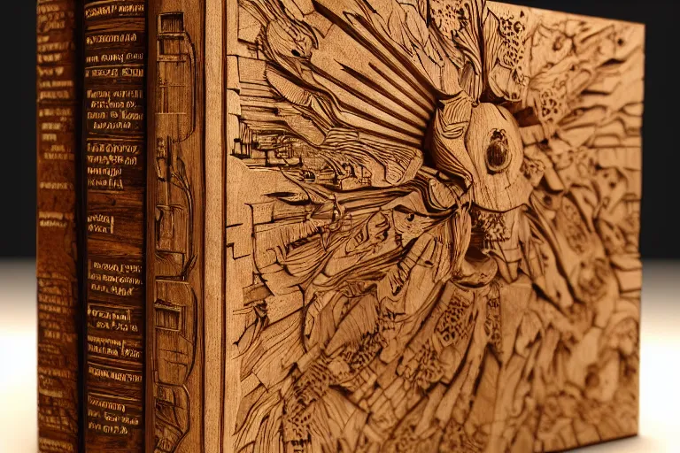 Image similar to a book carved out of wood, wooden book, 3d render, octane render, CGSociety, CGI, 3d model, studio lighting, 8k, wood carving