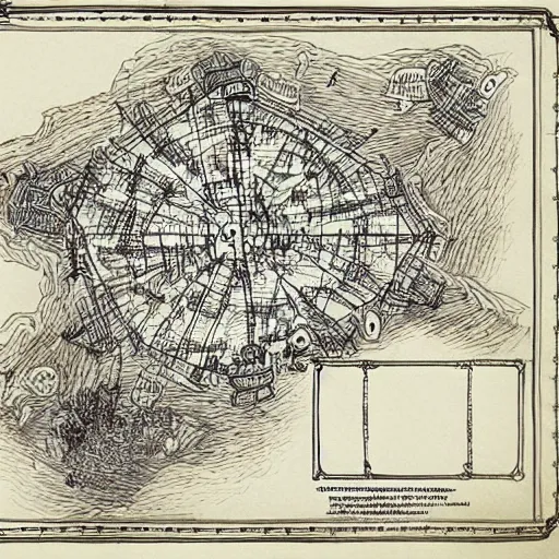 Prompt: a black pen drawn dnd map