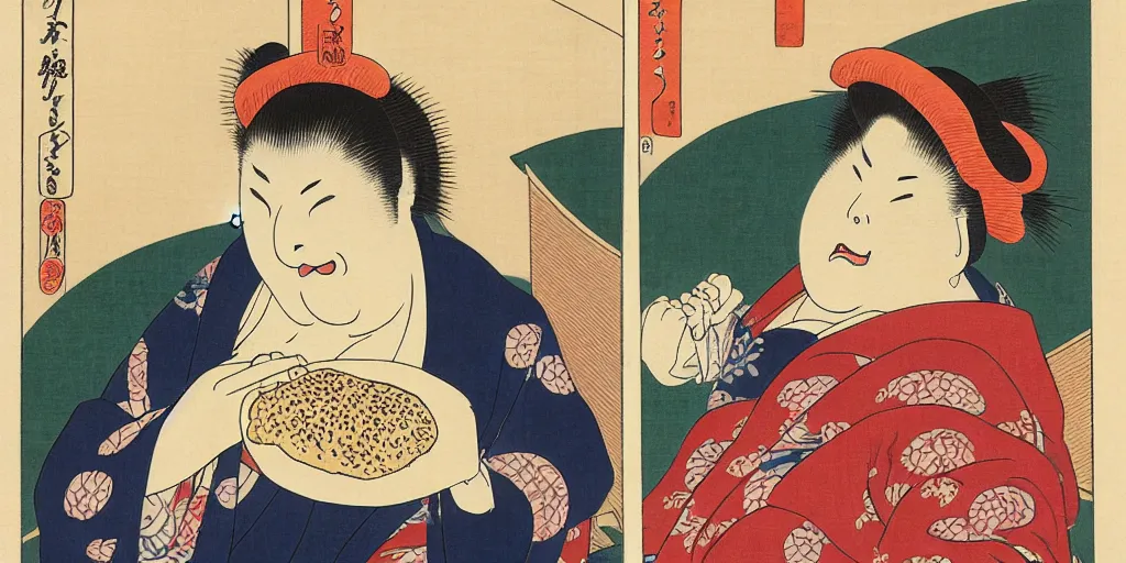 Prompt: ukiyo - e woodblock print of an obese middle aged american woman eating a hamburger, by hokusai