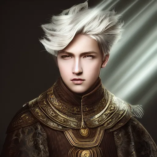 Prompt: a portrait of a young handsome prince with white fringy hair, elegant, beautiful, backlit, incredible lighting, strong rim light, highly detailed, god rays, digital painting, HDRI, by Heise Jinyao, Heise-Lian Yan Fang, Feimo, Richard Taddei, vivid colors, high contrast, 8k resolution, intricate, photorealistic