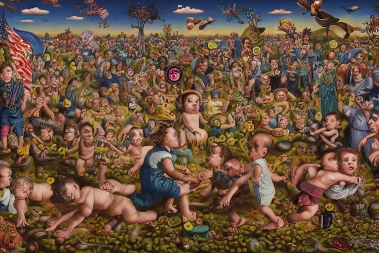 Prompt: a sparsely populated strange battle in an old hospital between old people and babies Robert Williams Mark Ryden and Alex Gross, Todd Schorr highly detailed deep perspective perfect composition