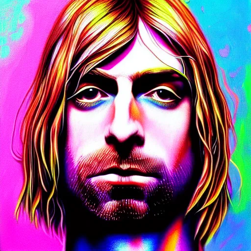Prompt: An extremely psychedelic portrait of Kurt Cobain, surreal, LSD, face, detailed, intricate, elegant, lithe, highly detailed, digital painting, artstation, concept art, smooth, sharp focus, illustration