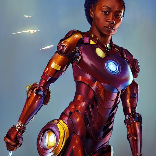 Image similar to highly detailed an african american woman in with the ironman random suit from the future gta v, stephen bliss, unreal engine, fantasy art by greg rutkowski, loish, rhads, ferdinand knab, makoto shinkai and lois van baarle, ilya kuvshinov, rossdraws, tom bagshaw, global illumination, radiant light, detailed and intricate environment