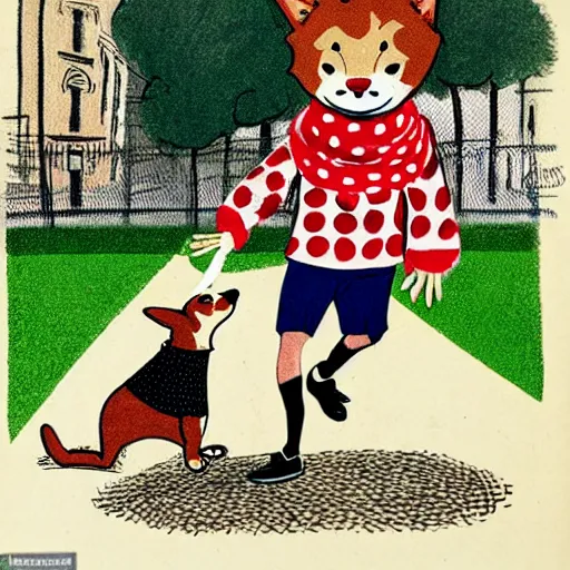 Image similar to book illustration of a french boy on the streets of paris playing football against a corgi, the dog is wearing a polka dot scarf, 1 9 6 6