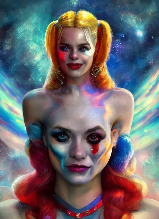 Image similar to cosmic portrait of harley quinn as a celestial being, hyper detailed, digital art, cinematic lighting, studio quality, smooth render, unreal engine 5, octane rendered, art style by klimt and nixeu and ian sprigger and wlop and krenz cushart.