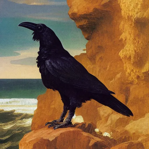 Image similar to a beautifully highly detailed close up portrait of a raven under a rock arch, coves crashing waves plants, beautiful serene sunset, detailed organic textures, by frederic leighton and rosetti and turner and eugene von guerard, 4 k