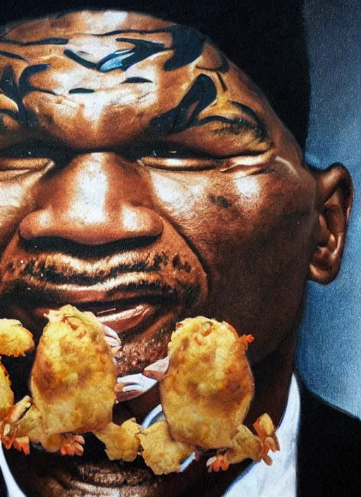 Image similar to a photorealistic portrait of mike tyson's face constructed from chicken cutlets.