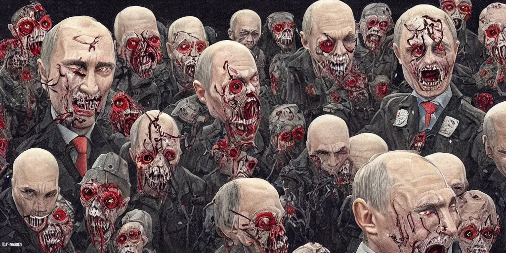 Prompt: vladimir putin's face is eaten by worms, in the background an army of zombies with their mouths sewn shut with wire in the shape of the letter z, drawn in the style of ralph mcquarrie, photorealistic, hyperdetailed
