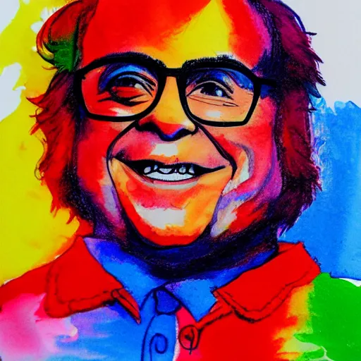 Image similar to a childrens drawing of danny devito, crayon art, watercolor, markers, high quality, high resolution