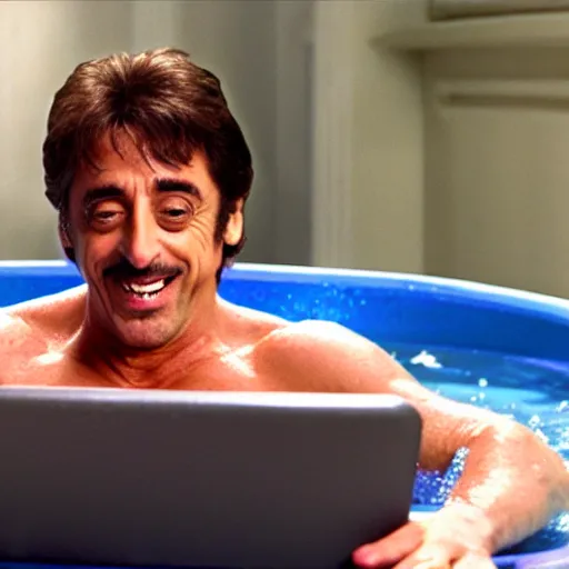 Prompt: al pacino scarface hot tub scene, except he is smiling and holding a laptop