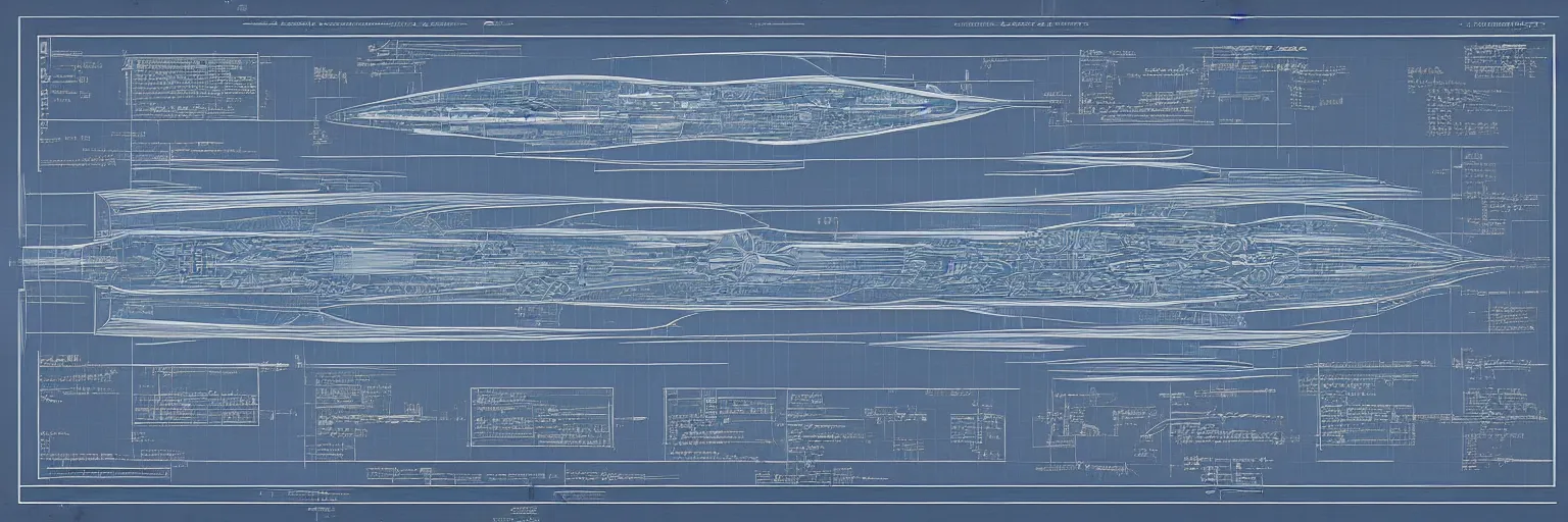 Image similar to blueprint for a sentient starship, technical drawing with annotations and notes in the margins, algorithms and physics equations, concept design by peter mohrbacher and craig mullins and hiroshi yoshida and james jean and frank frazetta and michael whelan and andreas rocha