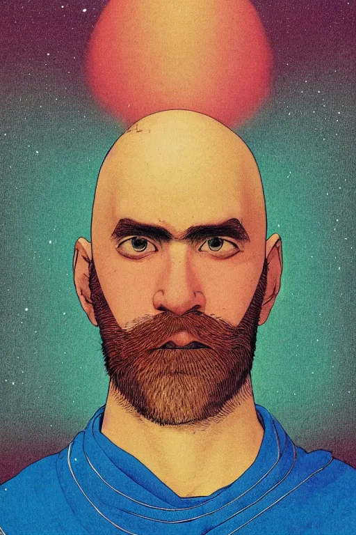 Image similar to a colorful closeup portrait of a young bald man with a huge beard and dreaming psychedelic hallucinations in the vast icy landscape of antarctica, by kawase hasui, moebius and edward hopper, colorful flat surreal design, hd, 8 k, artstation